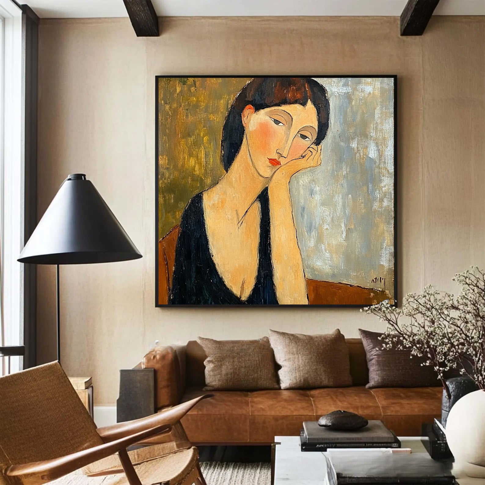"The Pensive Muse" Original Portrait Oil Painting - Modigliani Style Hand-Painted Woman Wall Art