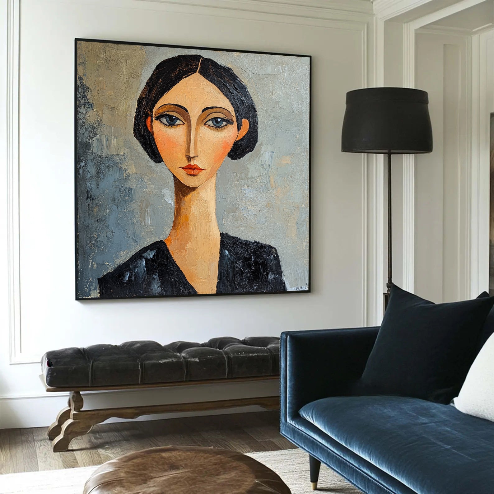Modern Expressionist Female Portrait Oil Painting - Hand-Painted Modigliani-Stylized Woman Wall Art