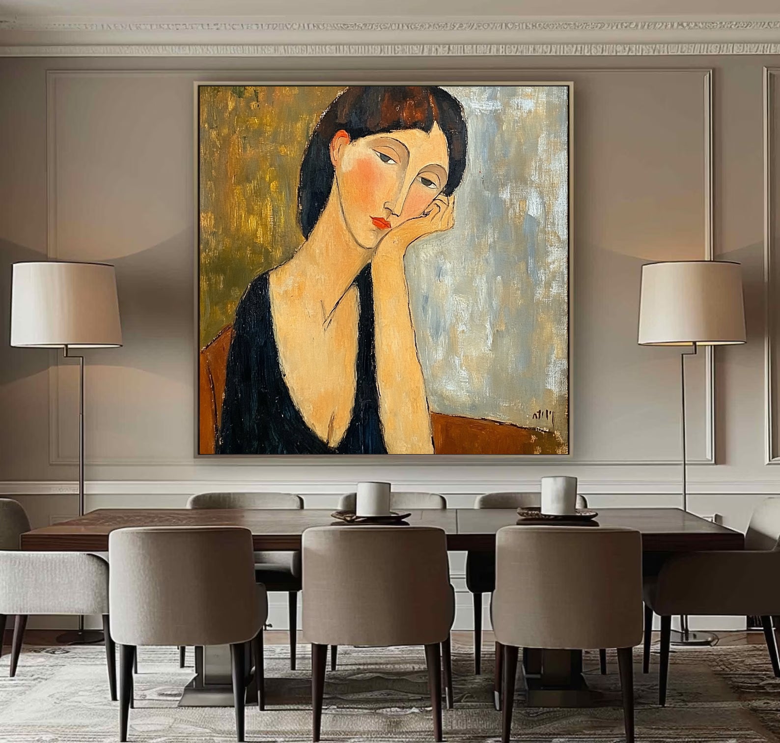 "The Pensive Muse" Original Portrait Oil Painting - Modigliani Style Hand-Painted Woman Wall Art
