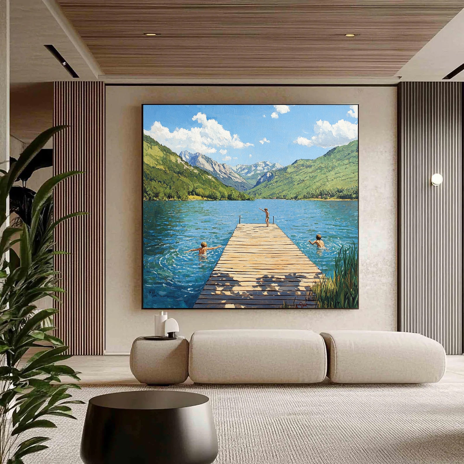 Hand-painted Impressionist Mountain Lake Oil Painting - Original Summer Landscape with Children Wall Art