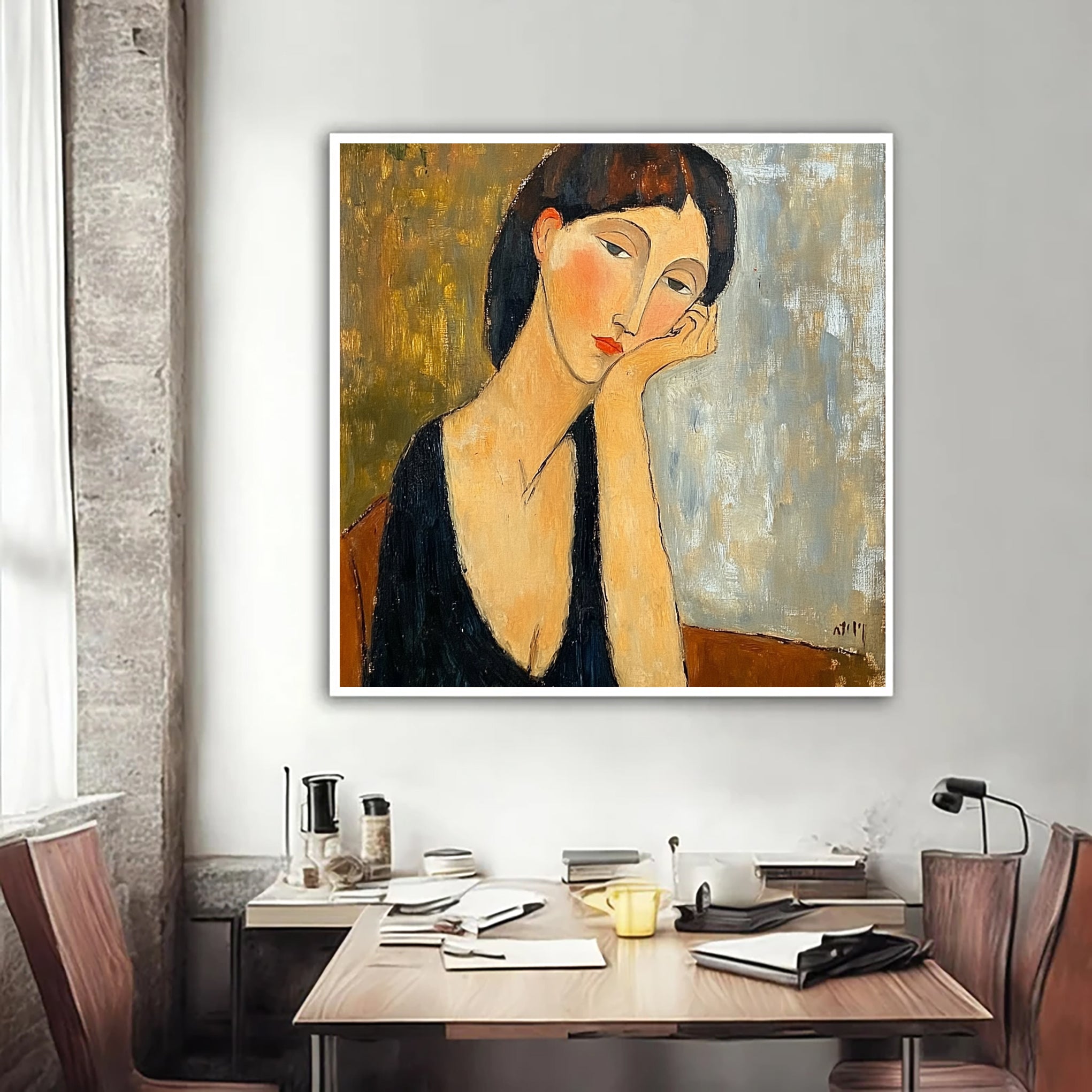 "The Pensive Muse" Original Portrait Oil Painting - Modigliani Style Hand-Painted Woman Wall Art