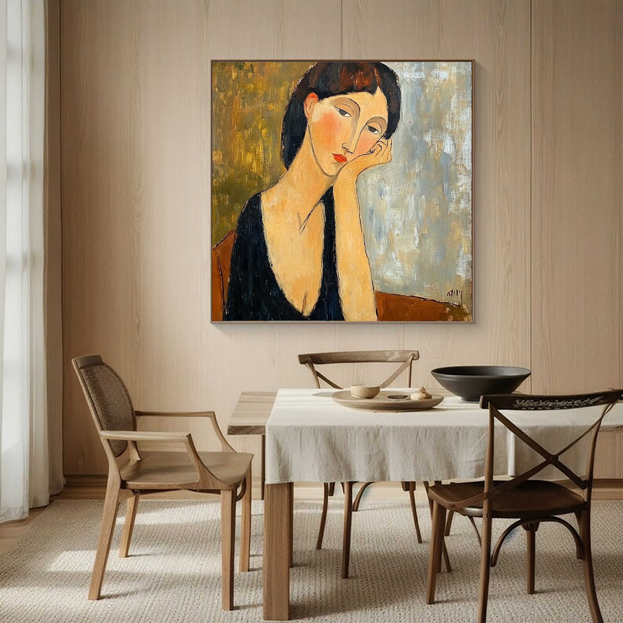 "The Pensive Muse" Original Portrait Oil Painting - Modigliani Style Hand-Painted Woman Wall Art