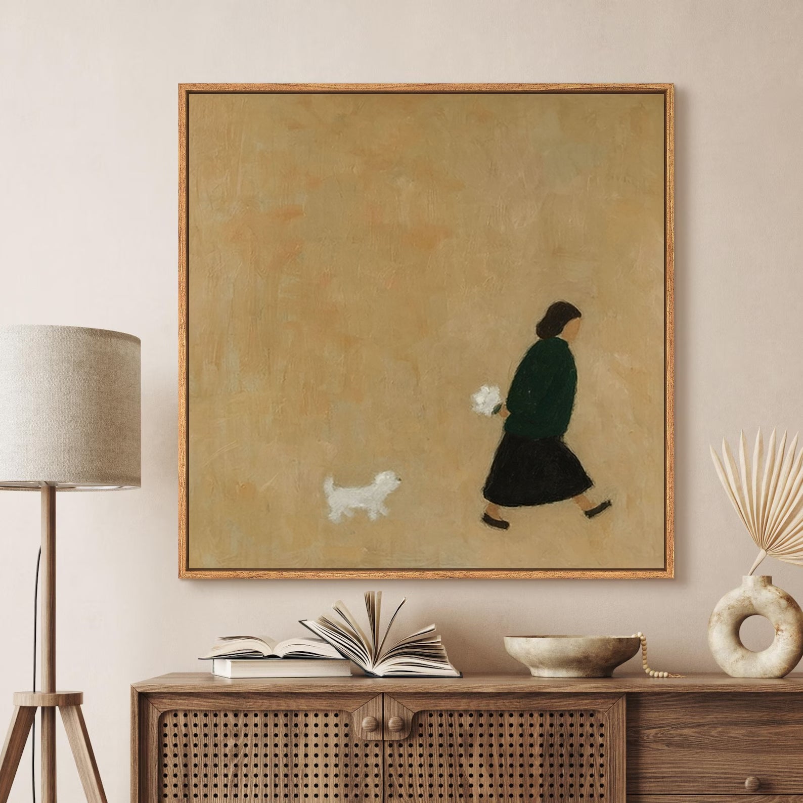 Mama & Puppy -- Modern Neutral Toned Minimalist People & Animal Art