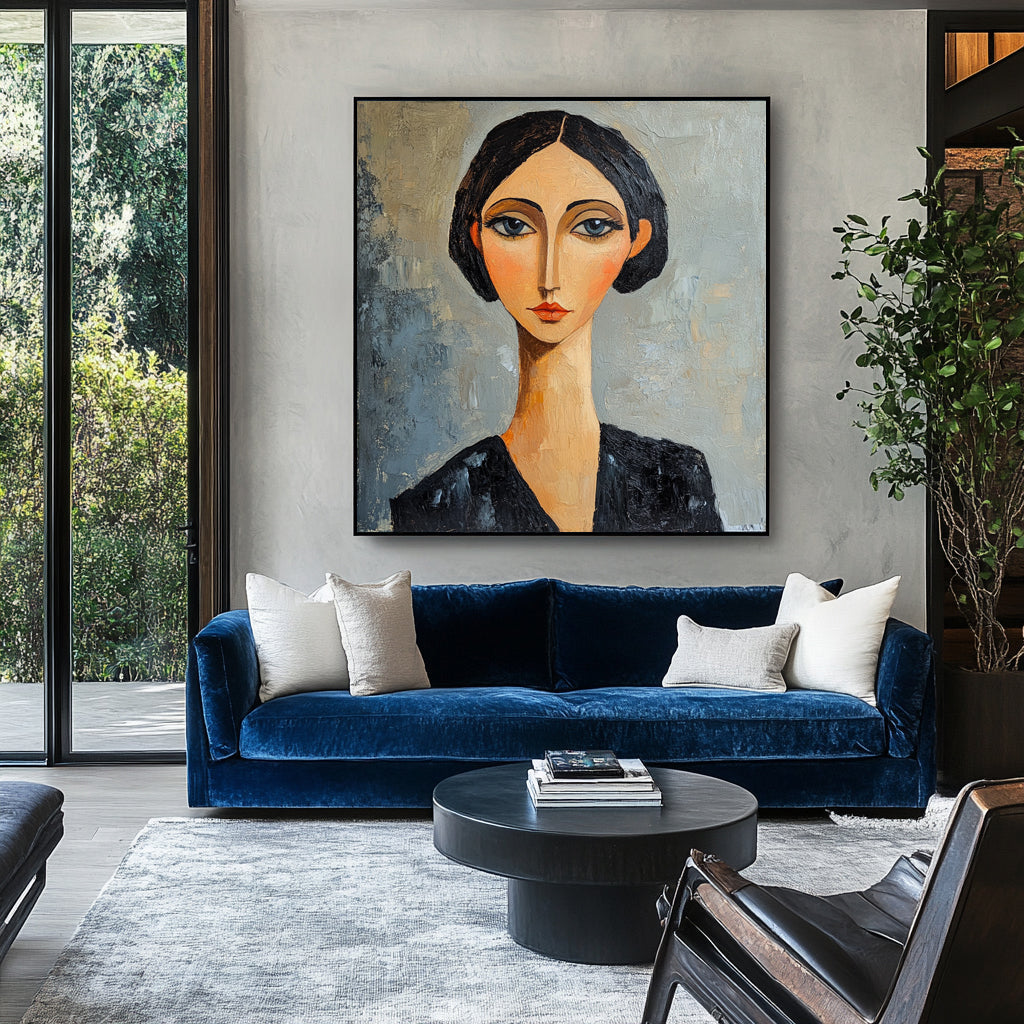 Modern Expressionist Female Portrait Oil Painting - Hand-Painted Modigliani-Stylized Woman Wall Art
