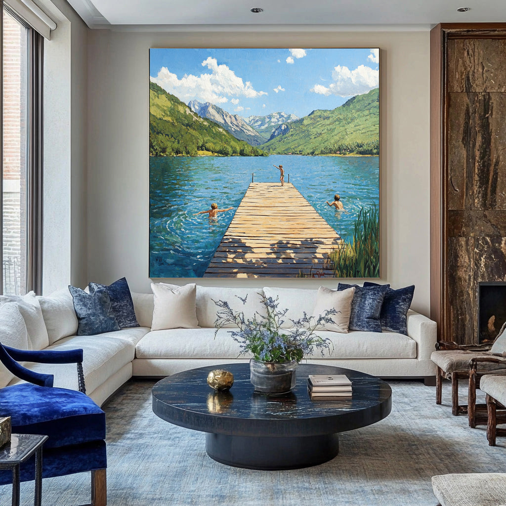 Hand-painted Impressionist Mountain Lake Oil Painting - Original Summer Landscape with Children Wall Art