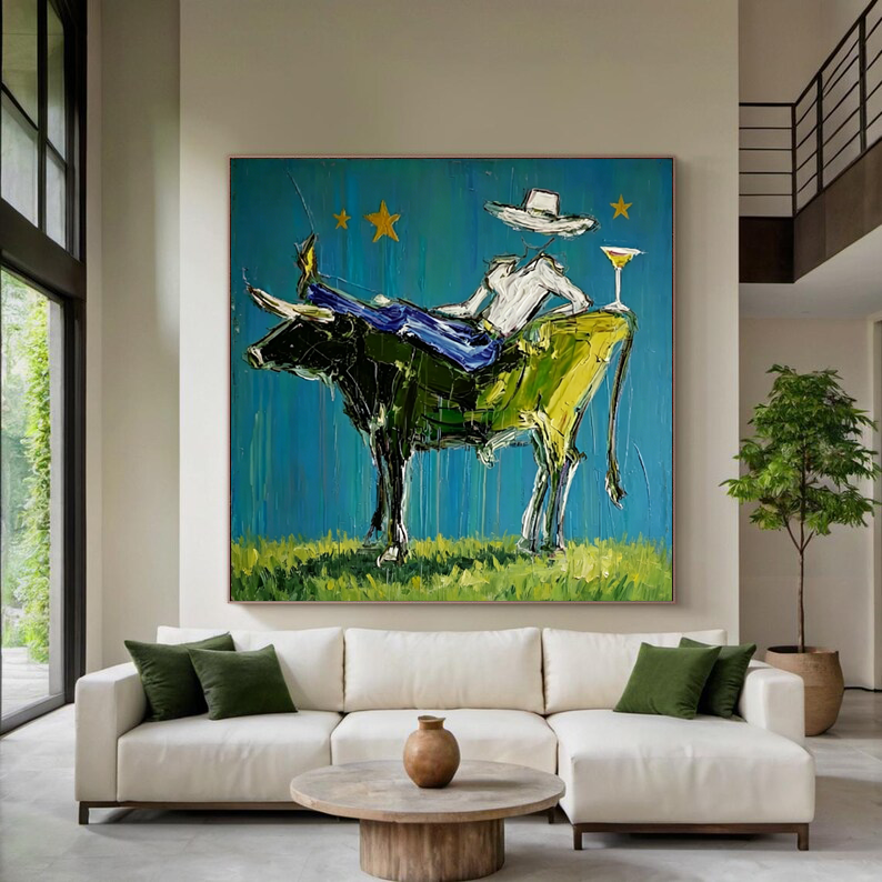Abstract Cowboy on Bull Painting, Modern Fashion Wall Art, Blue and Painted Contemporary Decor