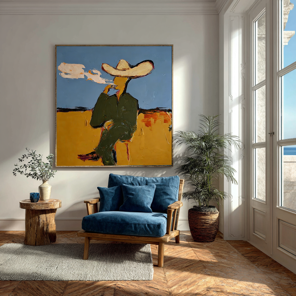 Abstract Smoking Man Painting, Modern Fashion Wall Art, Blue and Painted Contemporary Glam Decor