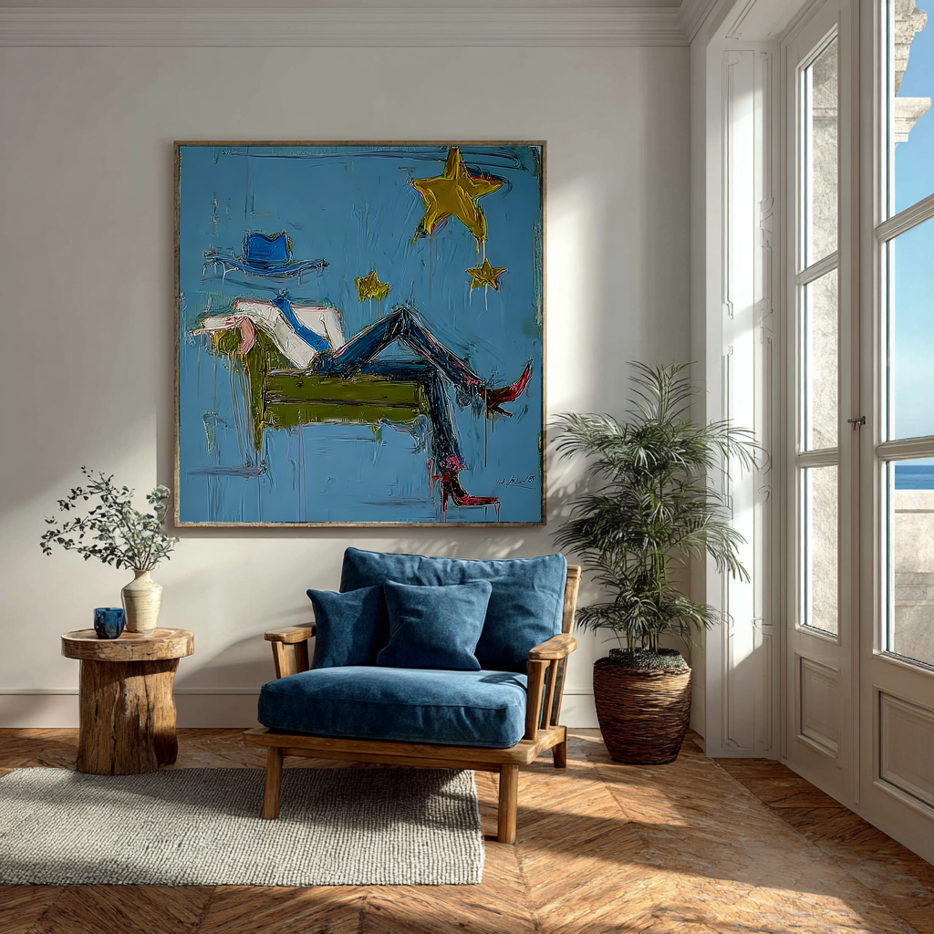 Abstract Cowboy Blue Painting, Modern Fashion Wall Art, Blue Star Canvas, Hand Painted Contemporary Glam Decor