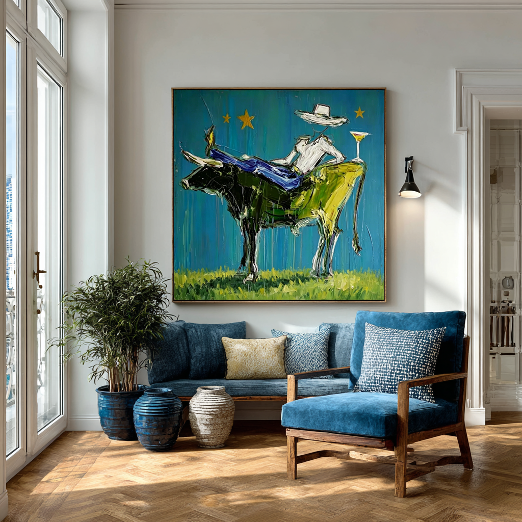 Abstract Cowboy on Bull Painting, Modern Fashion Wall Art, Blue and Painted Contemporary Decor
