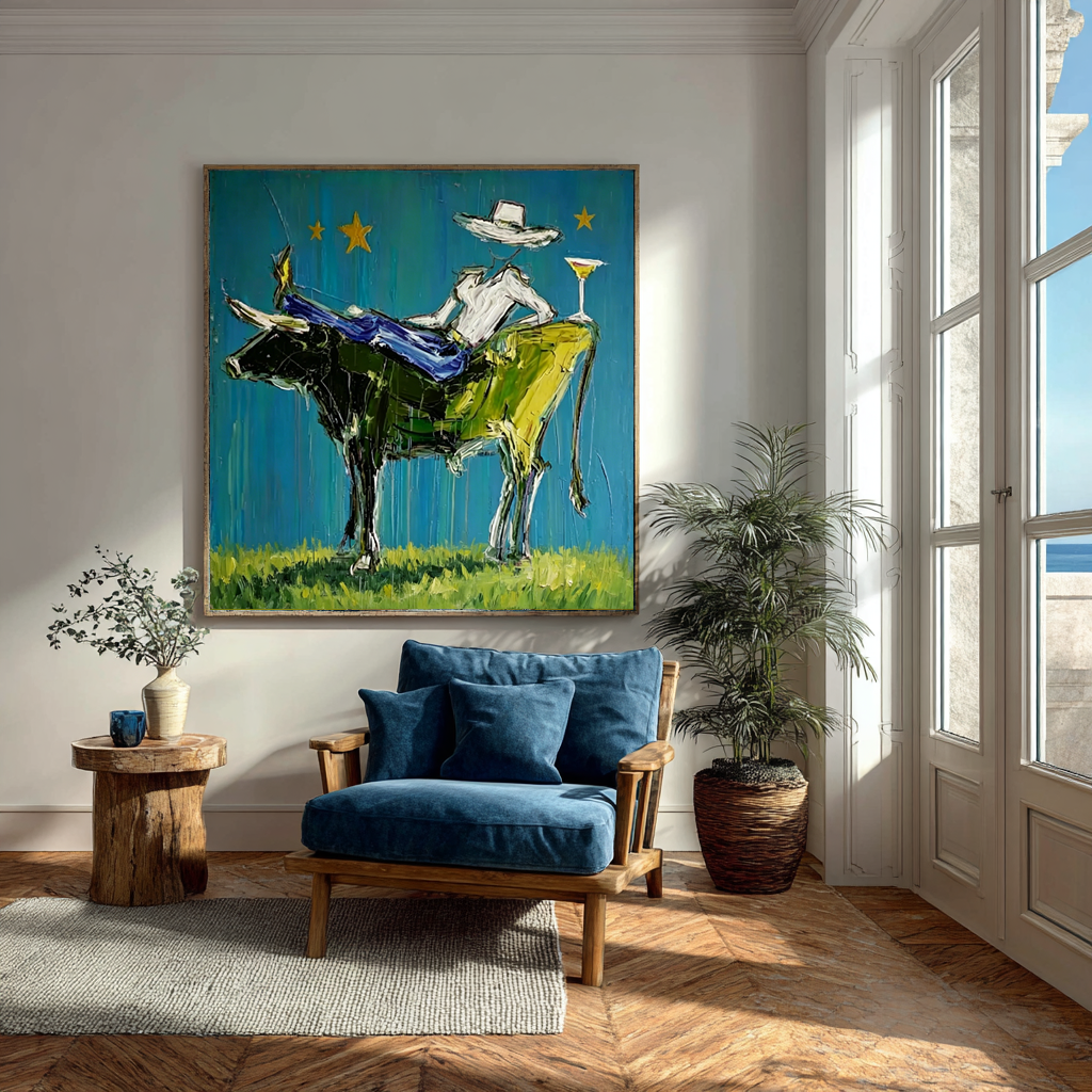 Abstract Cowboy on Bull Painting, Modern Fashion Wall Art, Blue and Painted Contemporary Decor