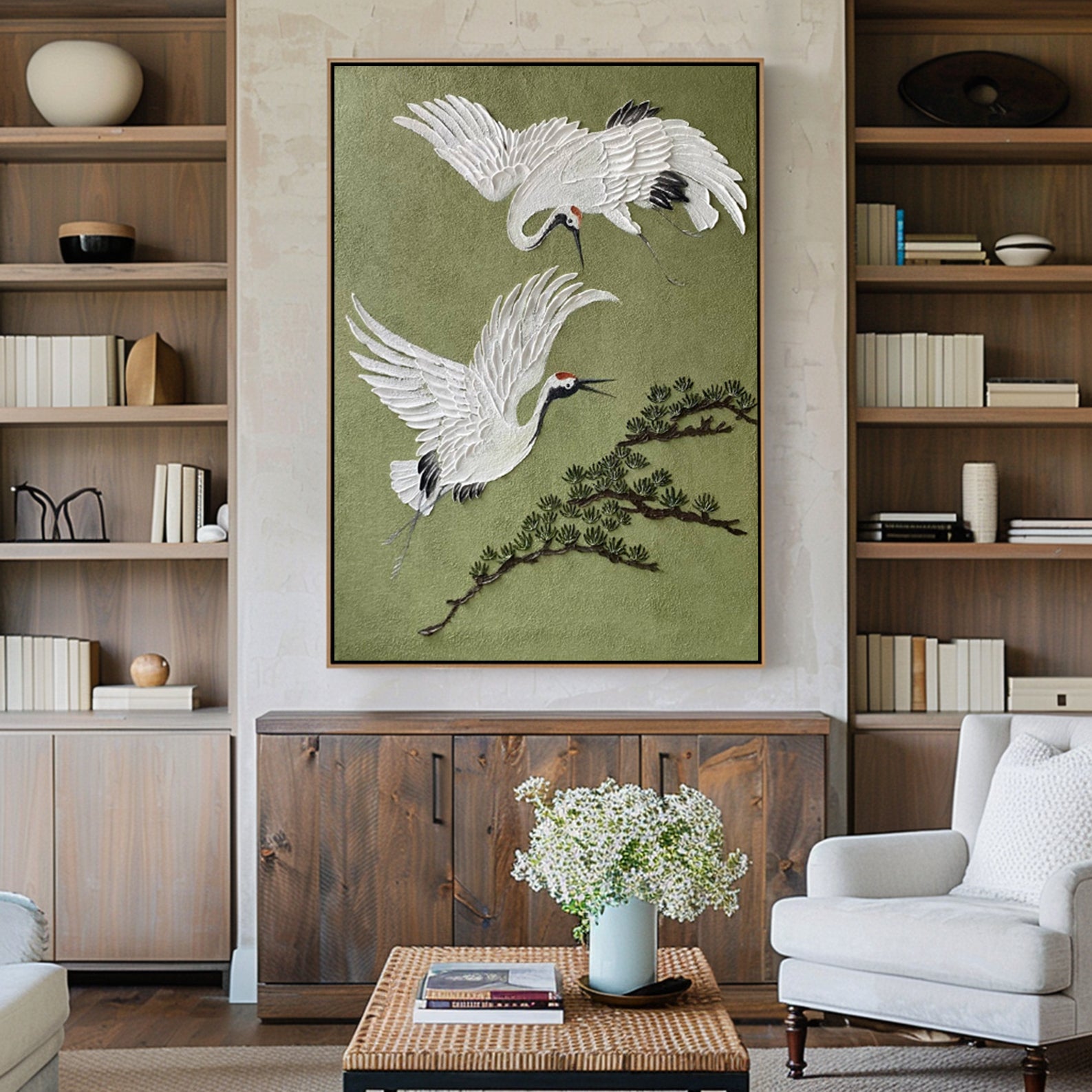 Eternal Flight -- 3D Textured Crane and Pine Original Art