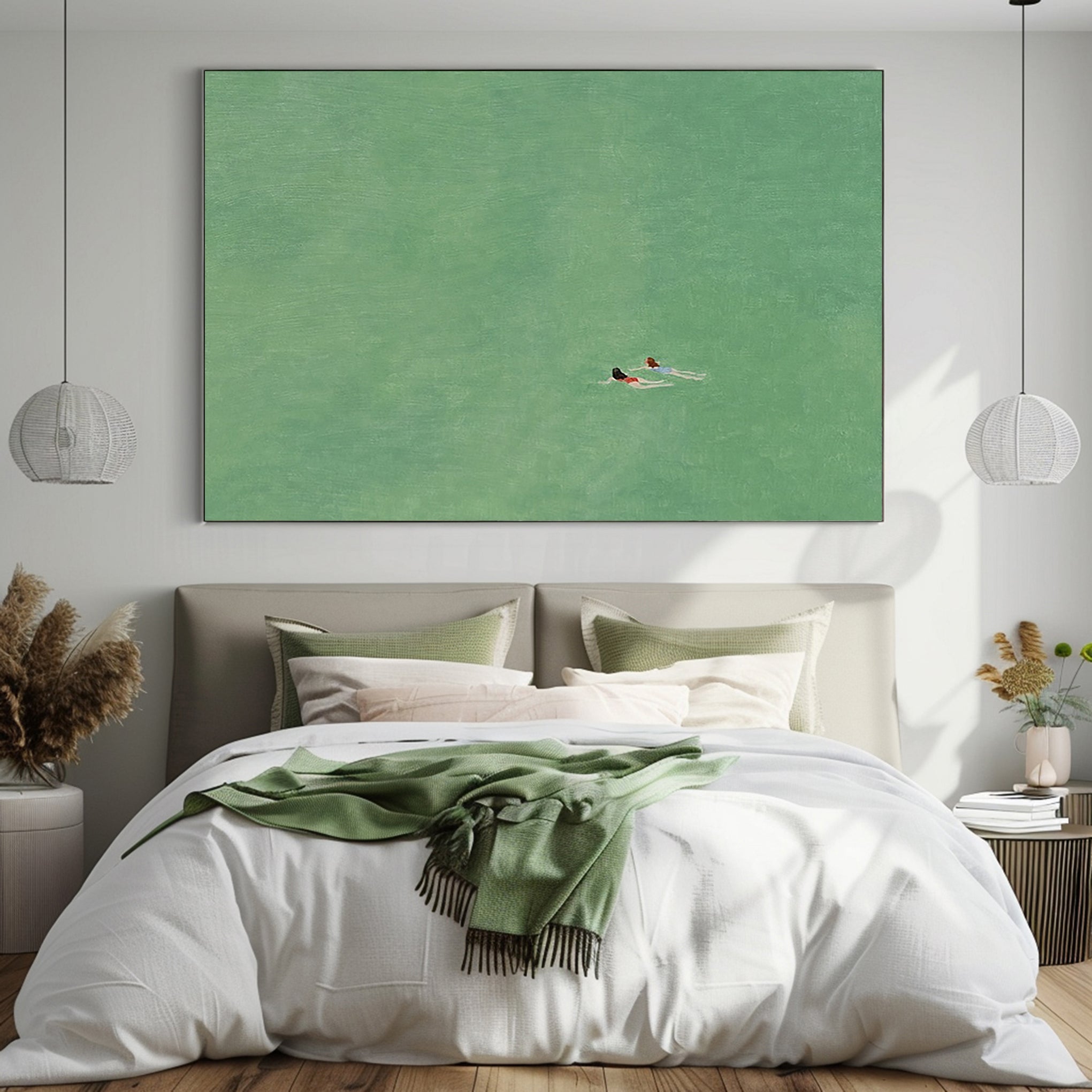 Original Summer Swim Oil Painting - Minimalist Emerald Green Water Wall Art for Home Decor