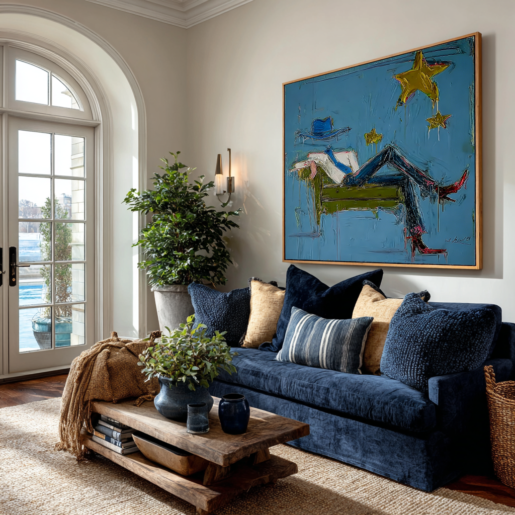 Abstract Cowboy Blue Painting, Modern Fashion Wall Art, Blue Star Canvas, Hand Painted Contemporary Glam Decor