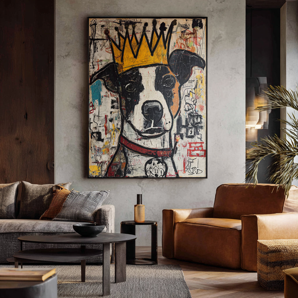 Urban King: Hand-Painted Basquiat-Style Graffiti Dog Canvas Art