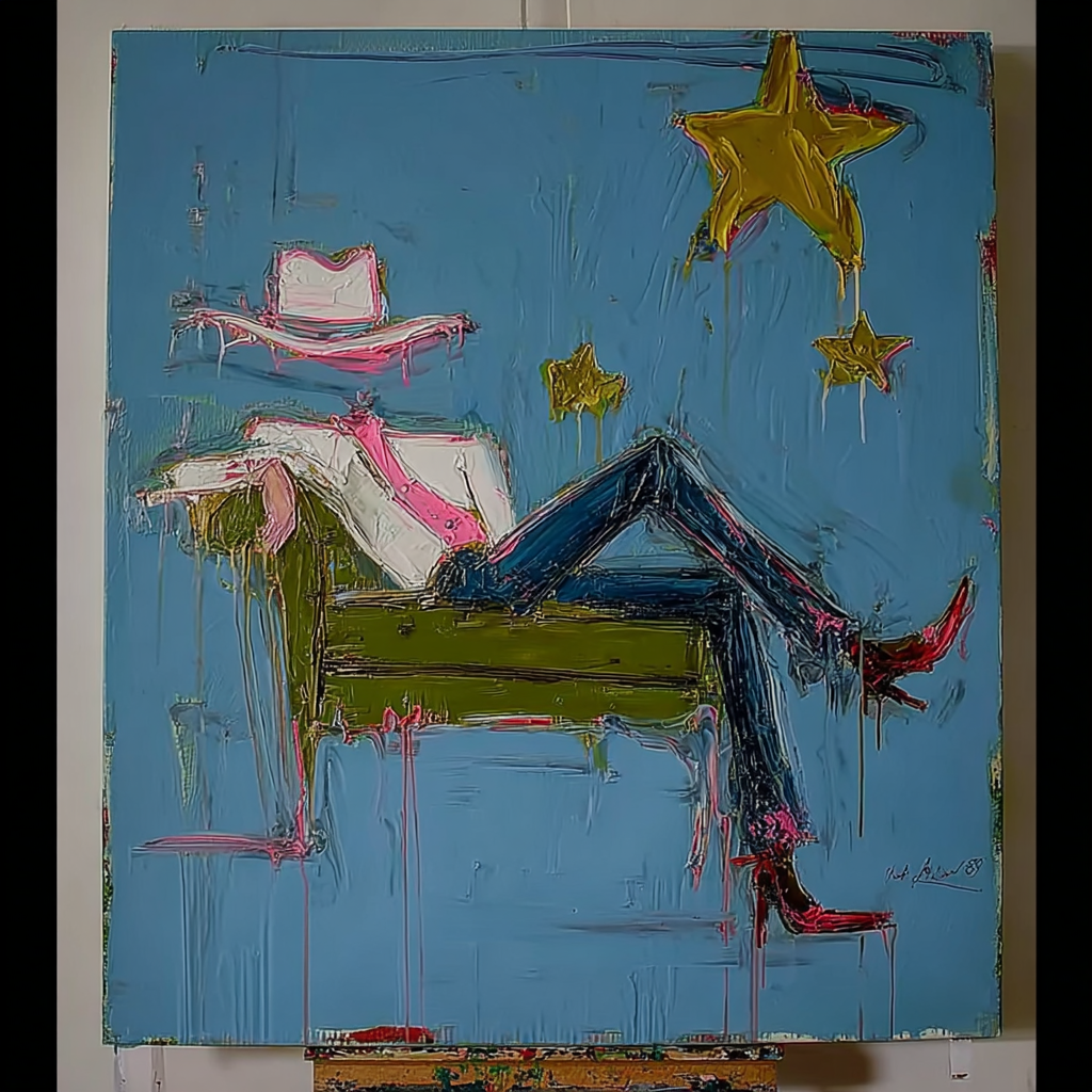 Abstract Woman on Chair Painting, Modern Fashion Wall Art, Blue Star Canvas, Hand Painted Contemporary Glam Decor