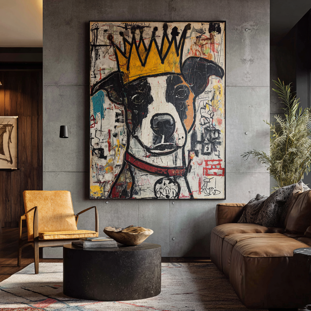 Urban King: Hand-Painted Basquiat-Style Graffiti Dog Canvas Art