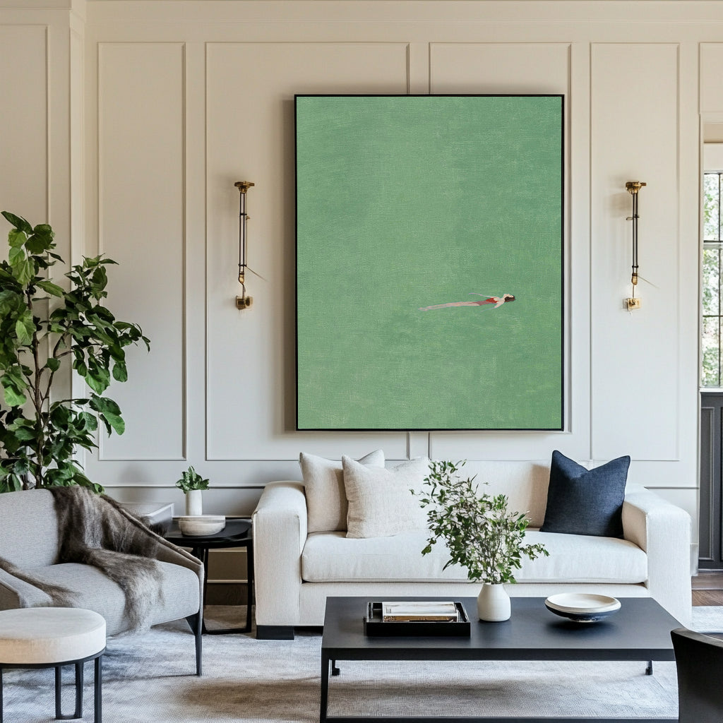 Original Summer Swimer Abstract Painting - Minimalist Emerald Green Water Wall Art for Home Decor