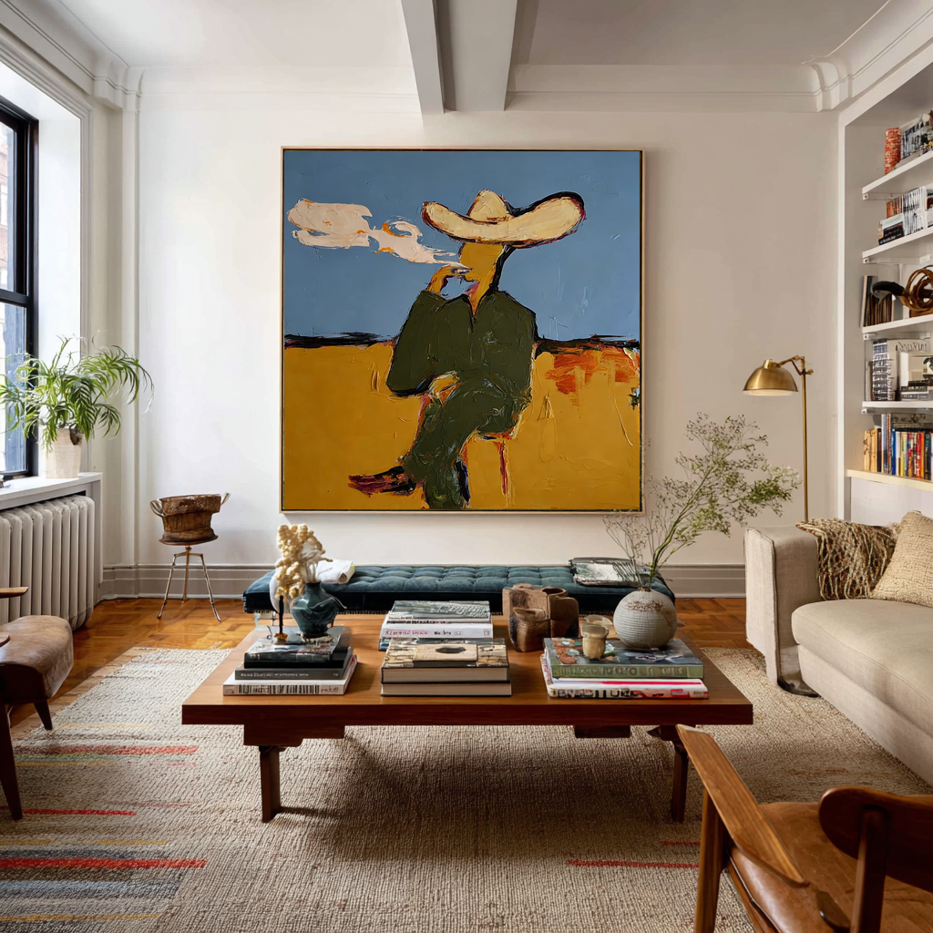 Abstract Smoking Man Painting, Modern Fashion Wall Art, Blue and Painted Contemporary Glam Decor