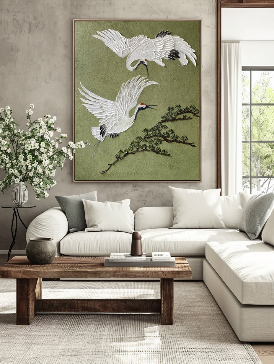 Eternal Flight -- 3D Textured Crane and Pine Original Art