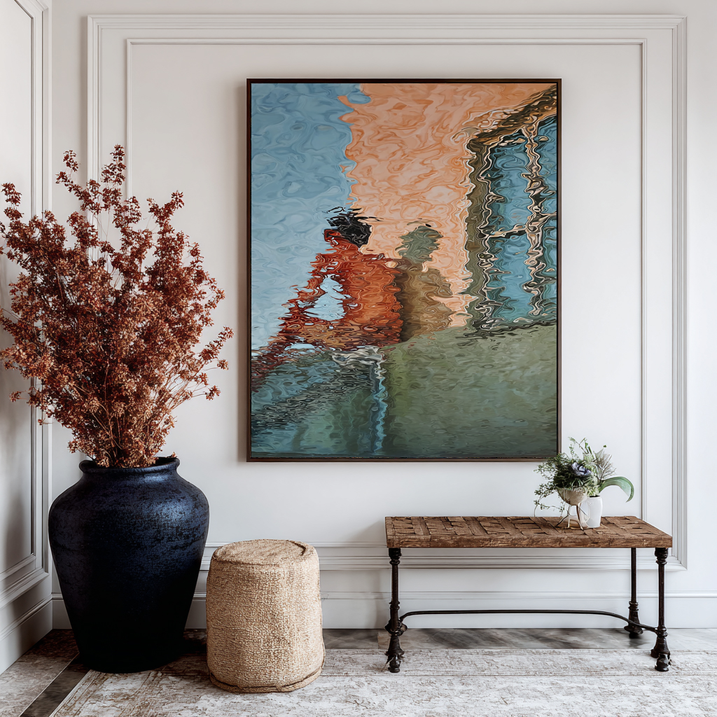 Hand-Painted Abstract Water Reflection Painting -- Modern Contemporary Figurative Wall Art for Living Room