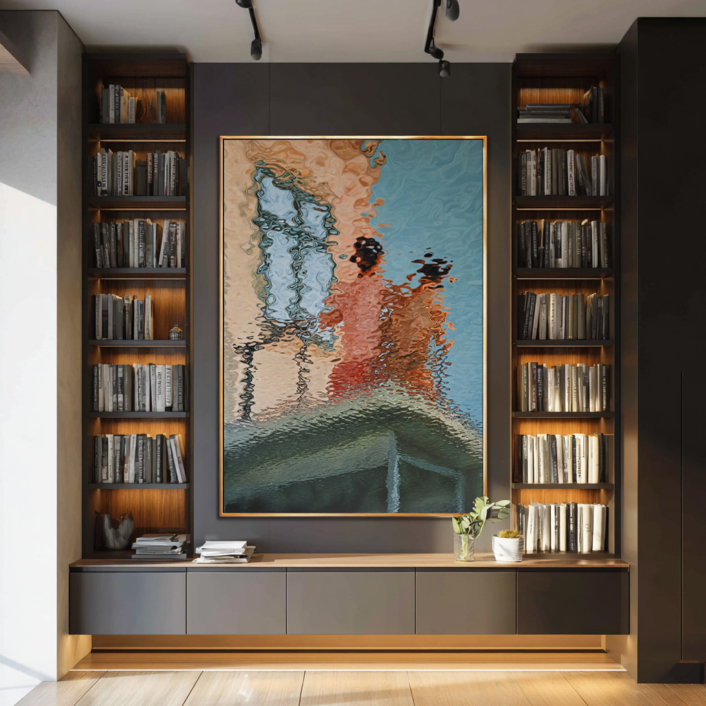 Hand-Painted Abstract Water Reflection Painting -- Modern Contemporary Wall Art for Living Room