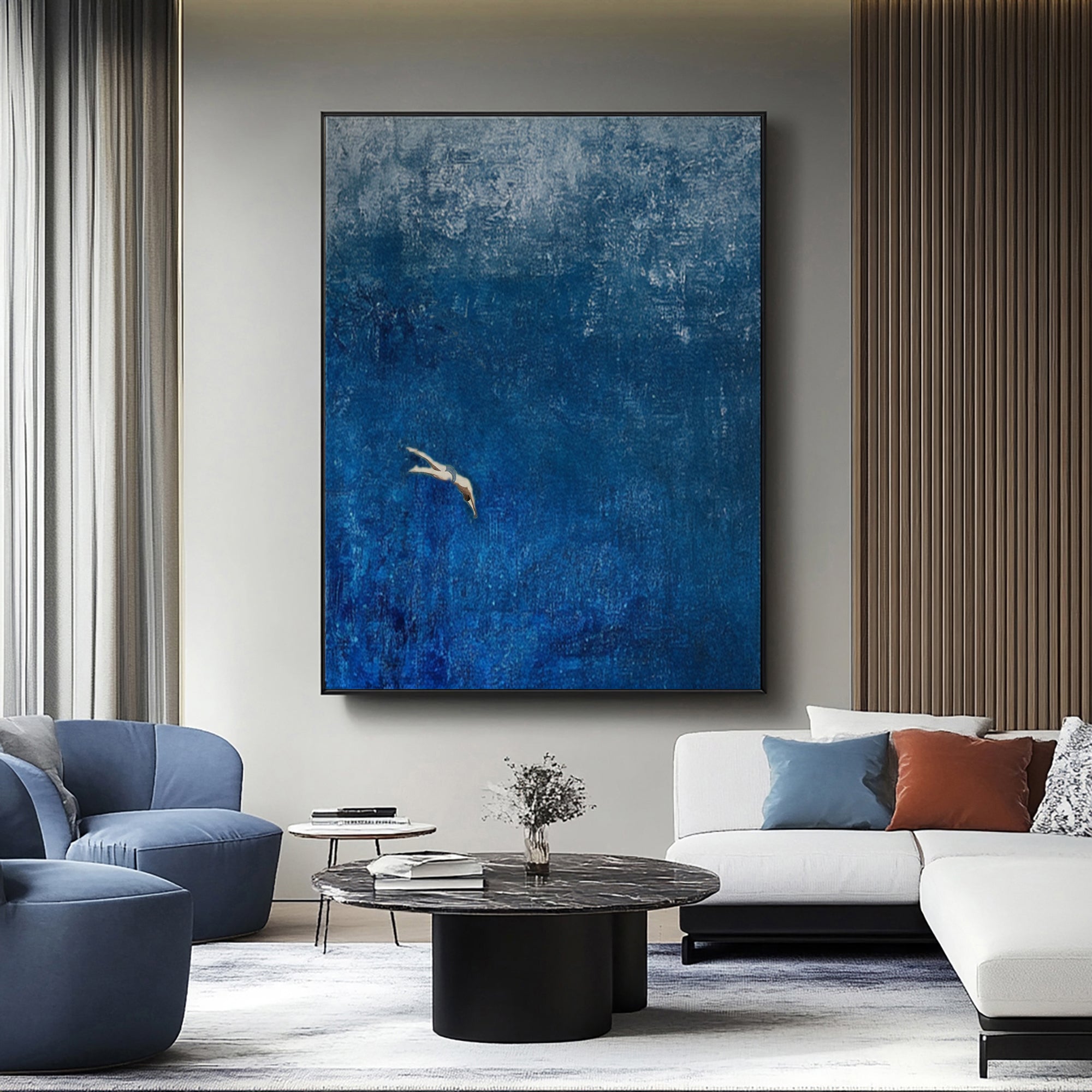 “Dive into the Blue" Original Hand-Painted Diver Minimalist Painting - Textured Deep Blue Abstract Wall Art