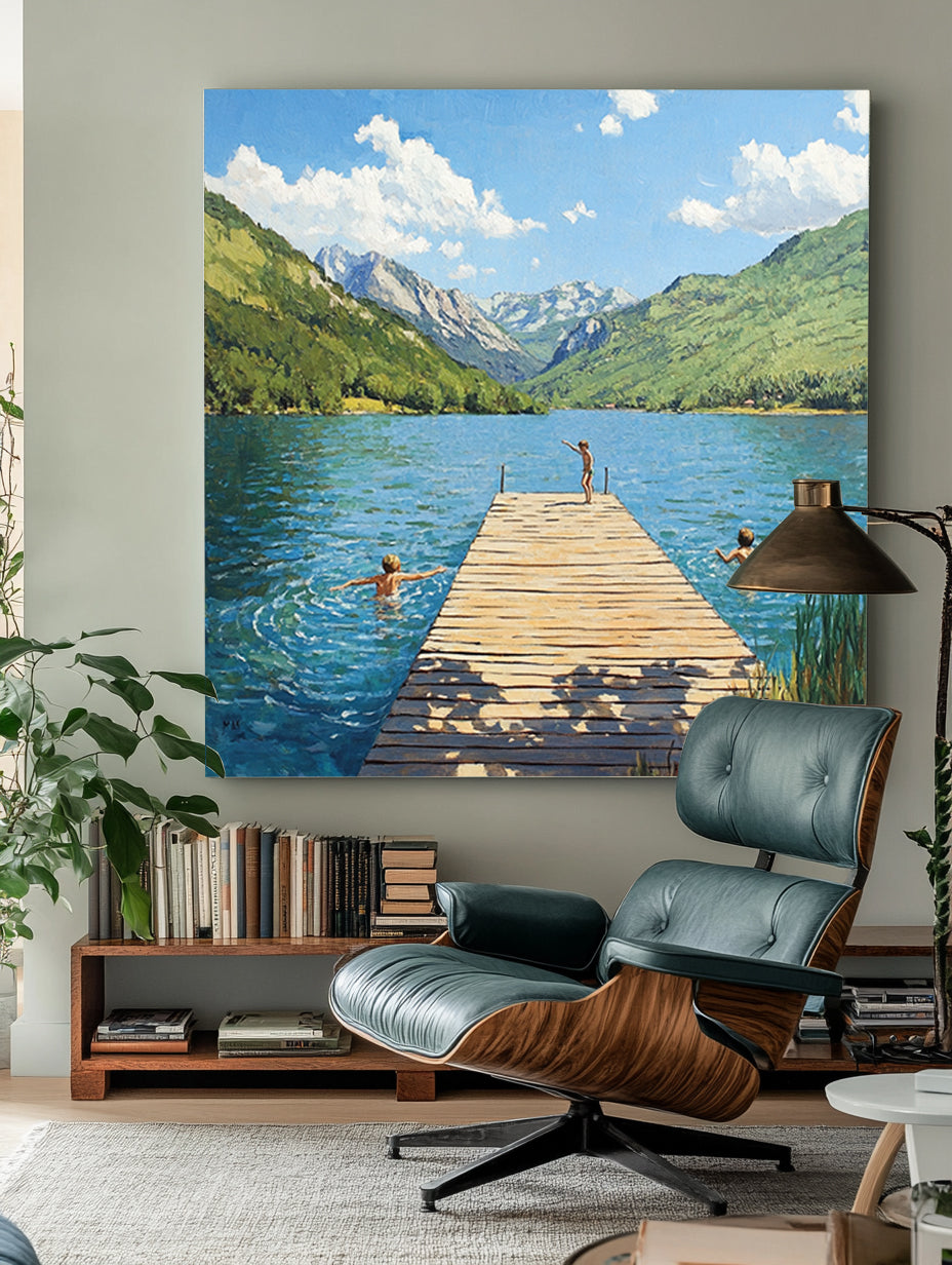 Hand-painted Impressionist Mountain Lake Oil Painting - Original Summer Landscape with Children Wall Art