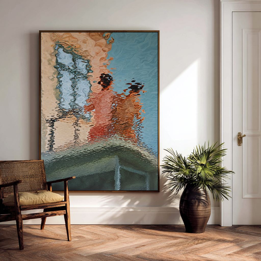 Hand-Painted Abstract Water Reflection Painting -- Modern Contemporary Wall Art for Living Room