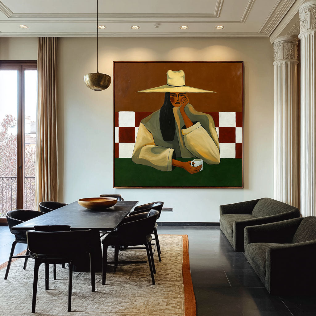 Original Modern Female Portrait Painting - Elegant Woman and Coffee Abstract Wall Art