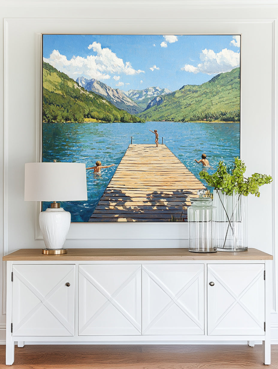 Hand-painted Impressionist Mountain Lake Oil Painting - Original Summer Landscape with Children Wall Art