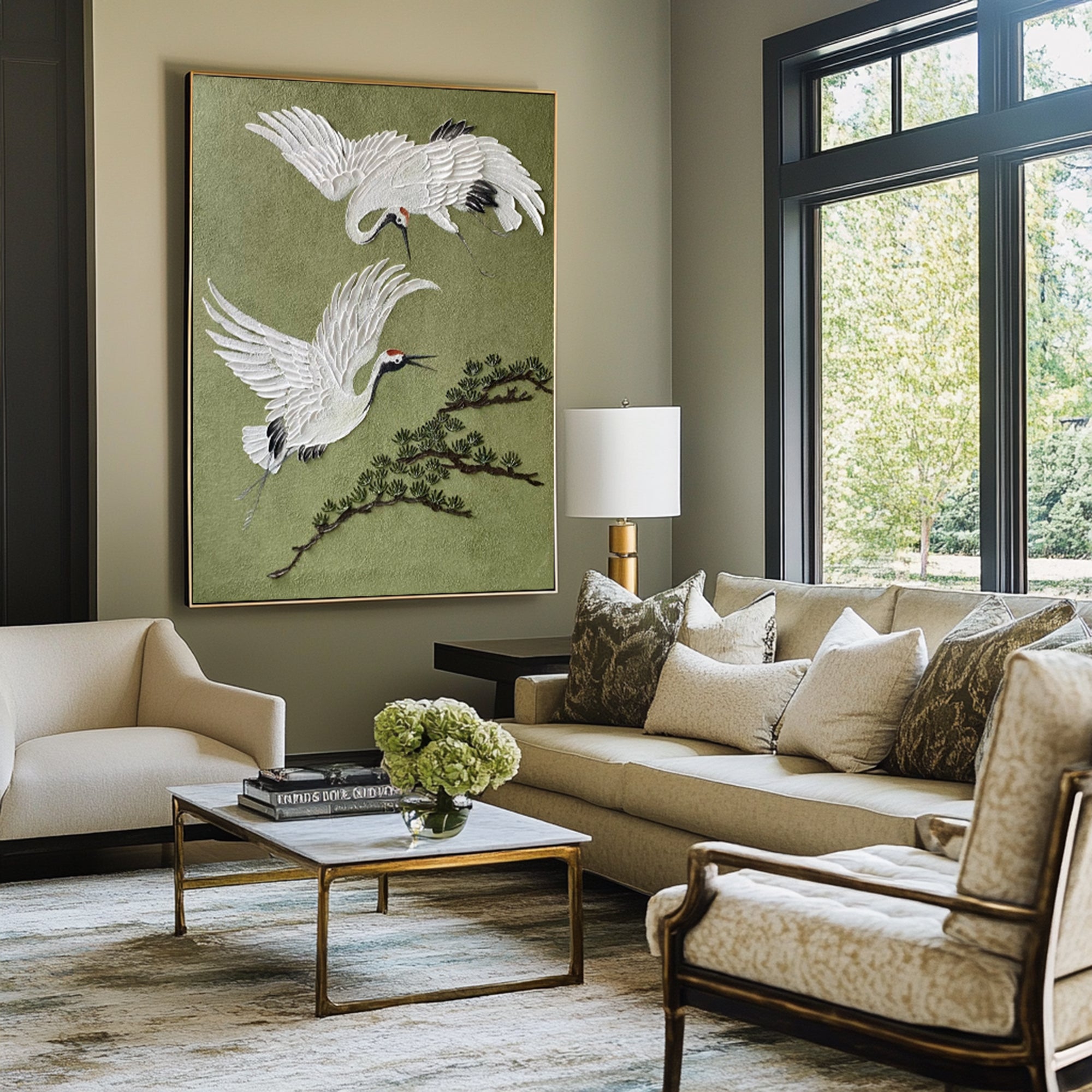 Eternal Flight -- 3D Textured Crane and Pine Original Art