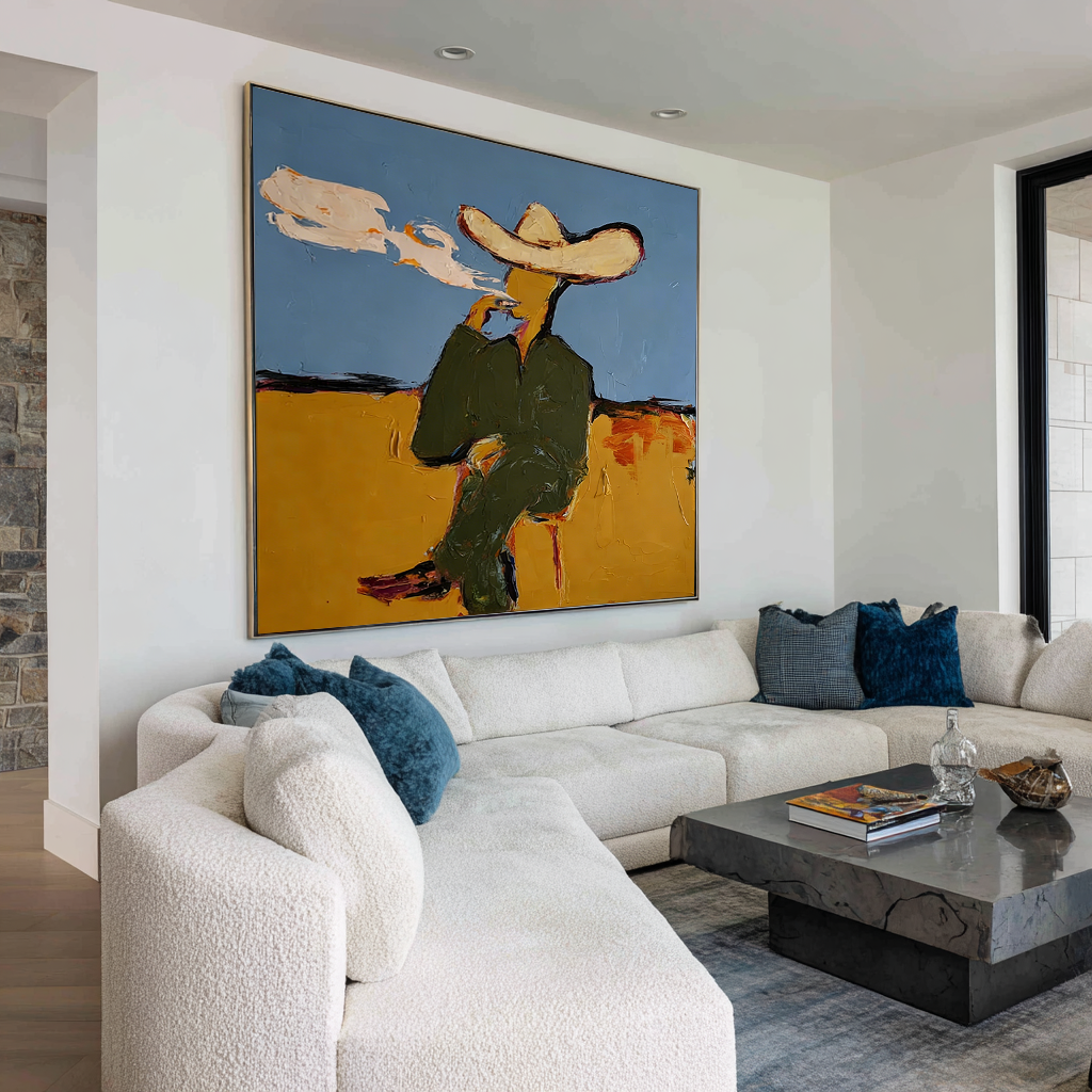 Abstract Smoking Man Painting, Modern Fashion Wall Art, Blue and Painted Contemporary Glam Decor