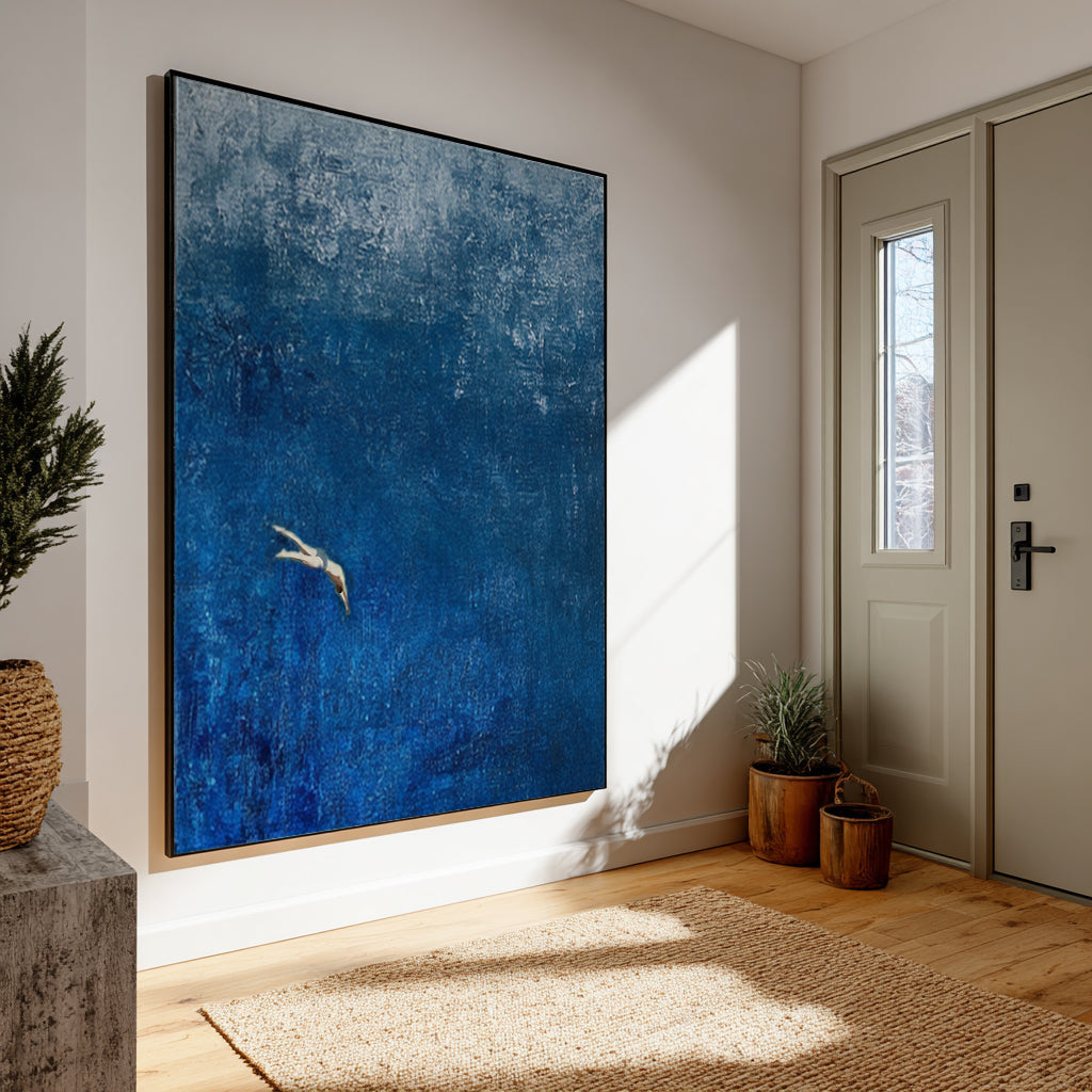 “Dive into the Blue" Original Hand-Painted Diver Minimalist Painting - Textured Deep Blue Abstract Wall Art