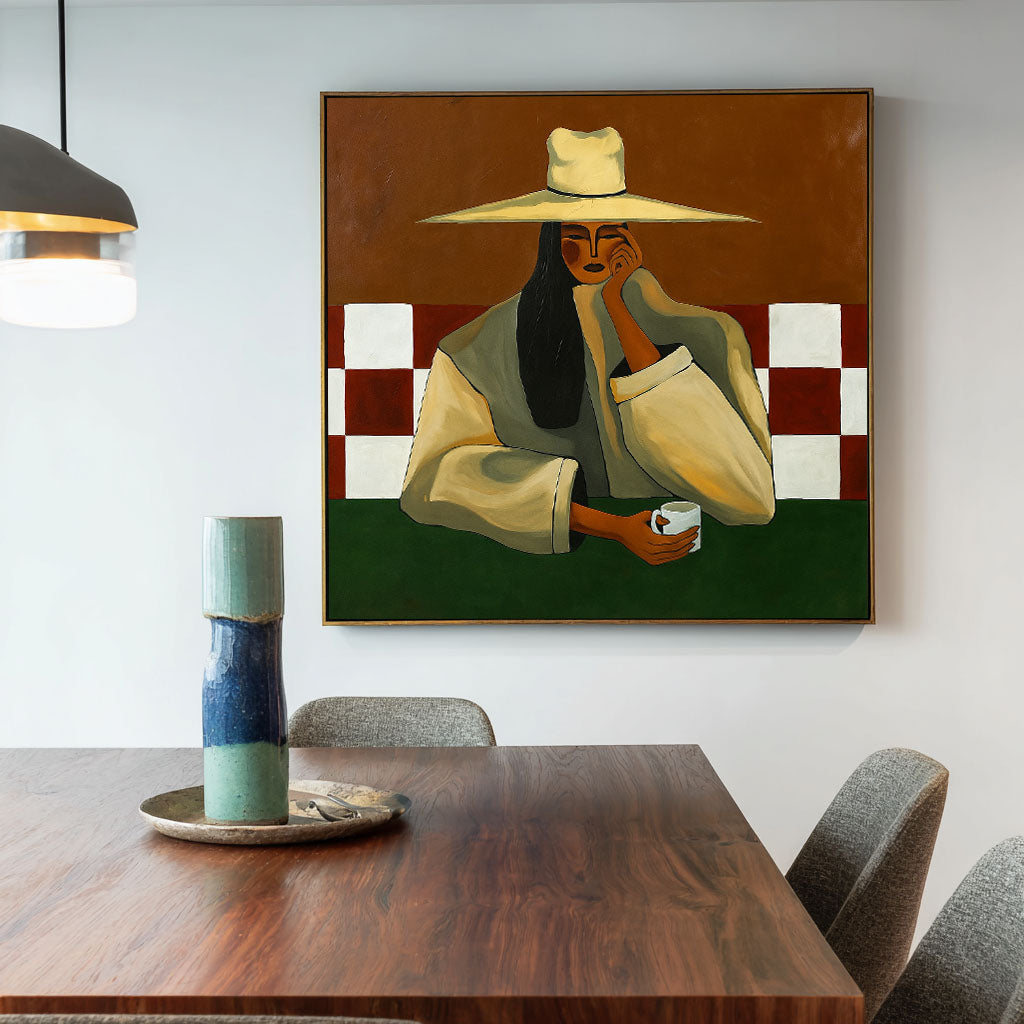 Original Modern Female Portrait Painting - Elegant Woman and Coffee Abstract Wall Art