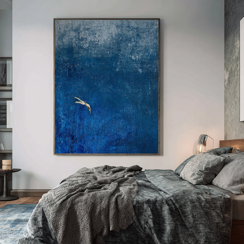 “Dive into the Blue" Original Hand-Painted Diver Minimalist Painting - Textured Deep Blue Abstract Wall Art