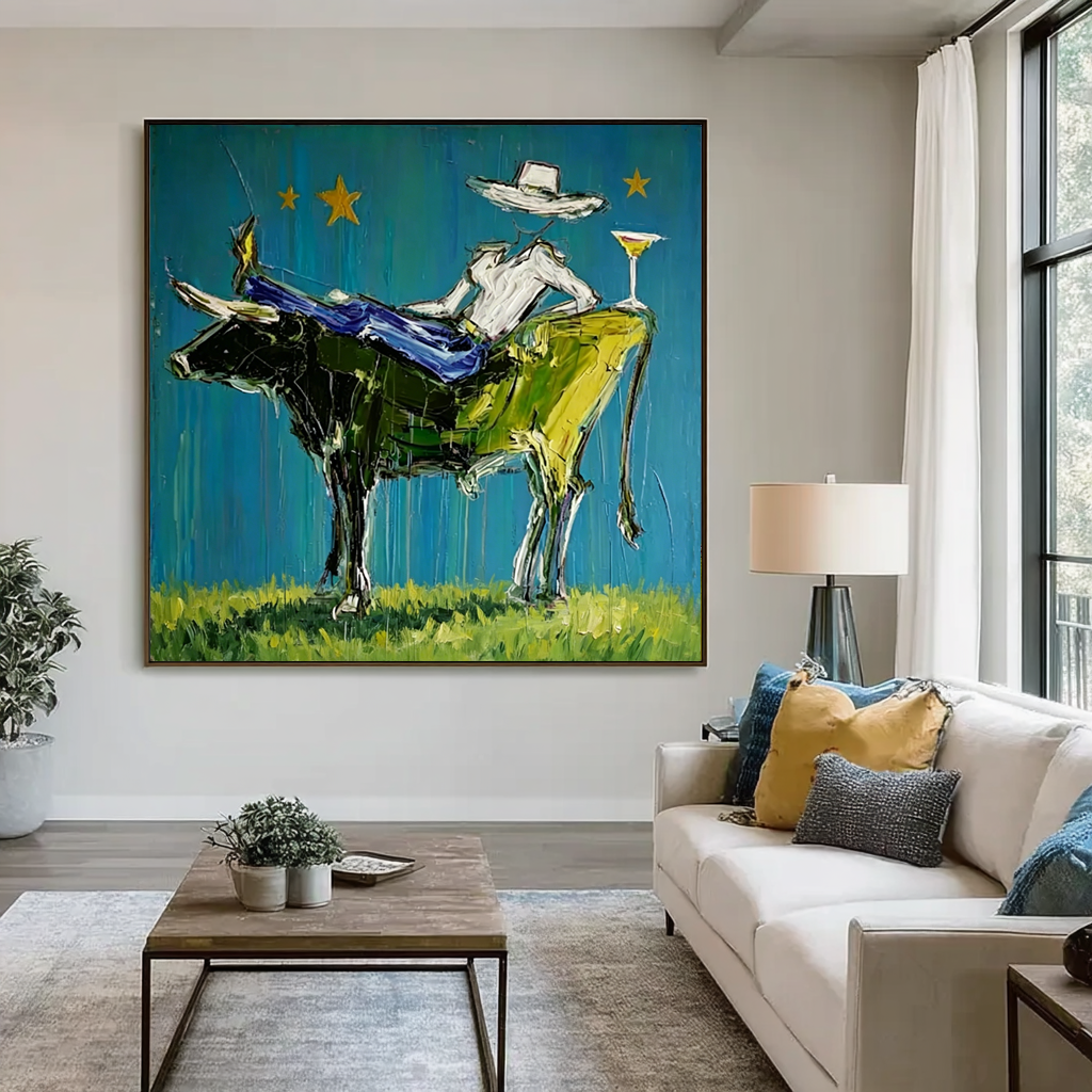 Abstract Cowboy on Bull Painting, Modern Fashion Wall Art, Blue and Painted Contemporary Decor
